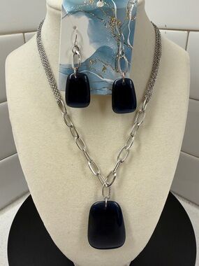 Lane Bryant  Chain Necklace & Earrings Set with Navy Blue Pendant